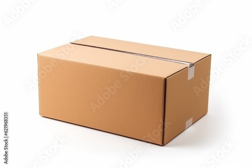 Delivery moving package and gifts concept. Paper beige box isolated on white background. Generative AI. 