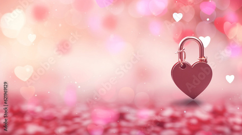 Valentines Day Wedding Love Birthday background banner panorama greeting card template - Pink heart love padlocks with bright heart bokeh lights, Generative Ai