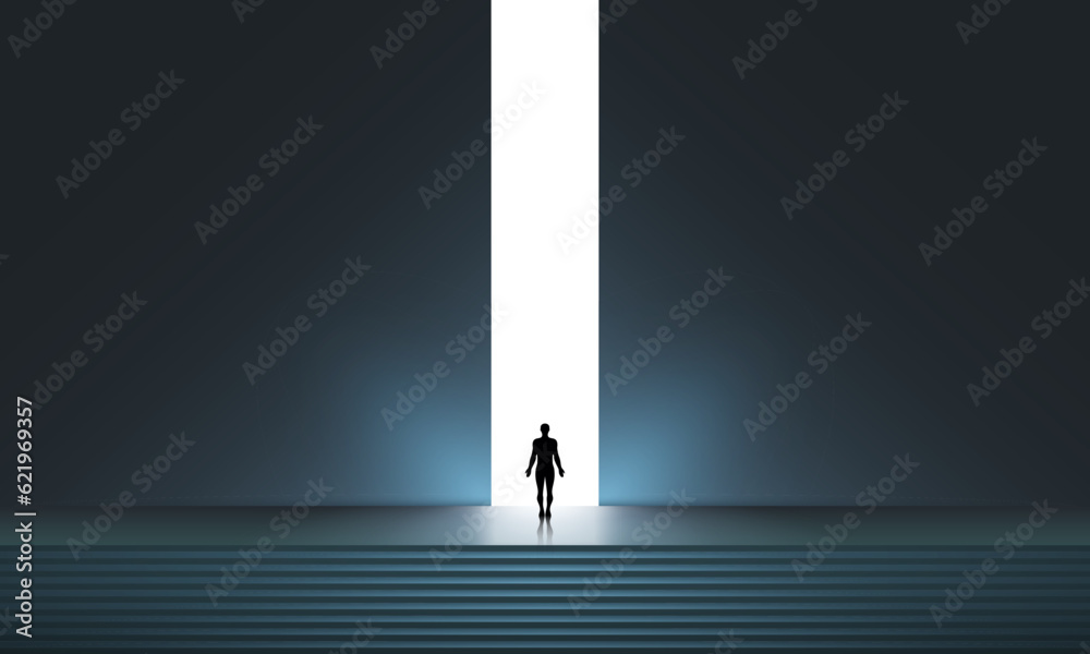 Man silhouette in front of glowing portal, futuristic vector background, Abstract cyberpunk architecture with gradient lighting. New Possibilities, Hope Business Finding Solution Vector Concept Busine