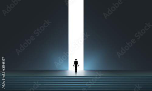 Man silhouette in front of glowing portal, futuristic vector background, Abstract cyberpunk architecture with gradient lighting. New Possibilities, Hope Business Finding Solution Vector Concept Busine © Kateryna