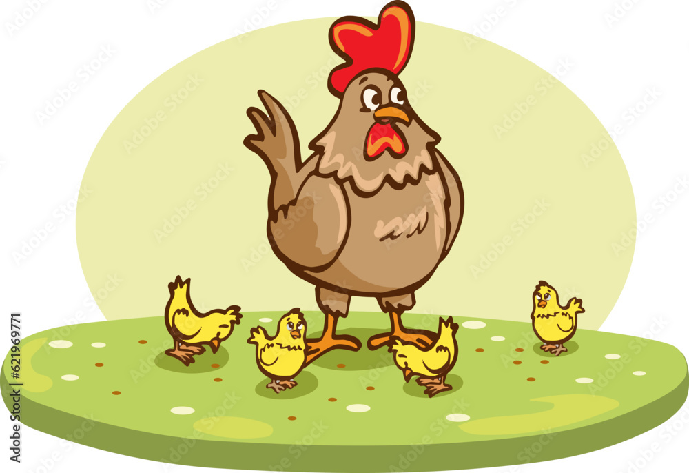 funny hen cartoon with her baby chicken, mother hen