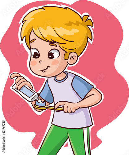  children  brushing her teeth vector illustration.