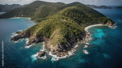 drone shot of an island like Deadman's Bay Peter Island. Generative AI