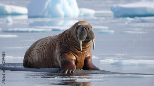 a walrus swims in the water in the background are white ice floes. Generative AI