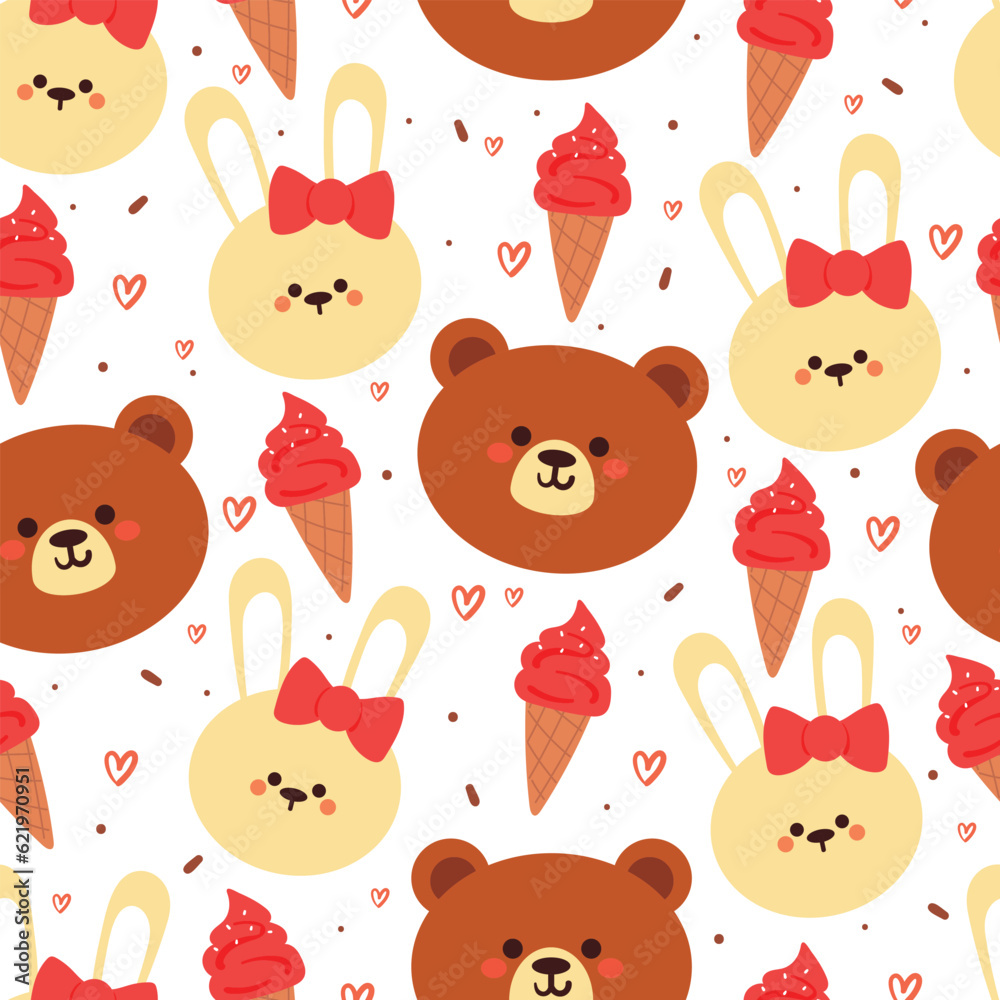 Obraz premium seamless pattern cartoon bunny and bear with strawberry ice cream. cute animal wallpaper for textile, gift wrap paper