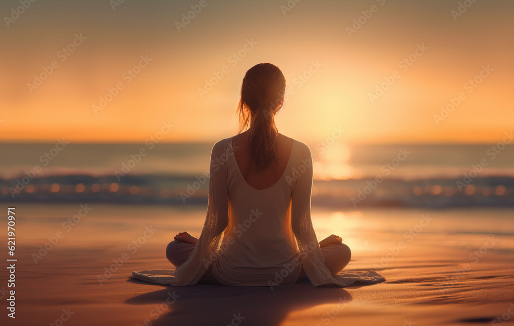 person meditating on the beach at sunset created with Generative AI technology