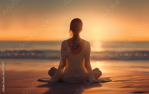 person meditating on the beach at sunset created with Generative AI technology