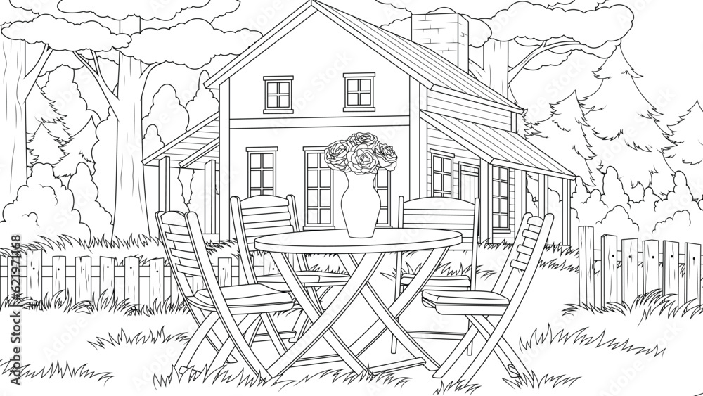 Vector illustration, country house with a beautiful meadow for recreation