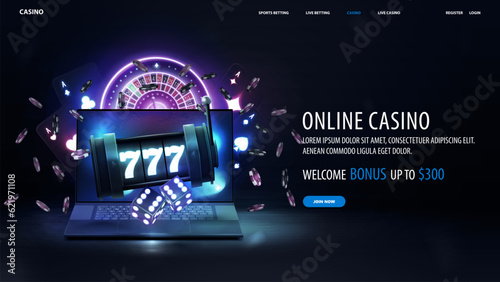 Online casino, dark web banner with offer, laptop, slot machine, neon playing cards, neon roulette, dice and poker chips on dark background