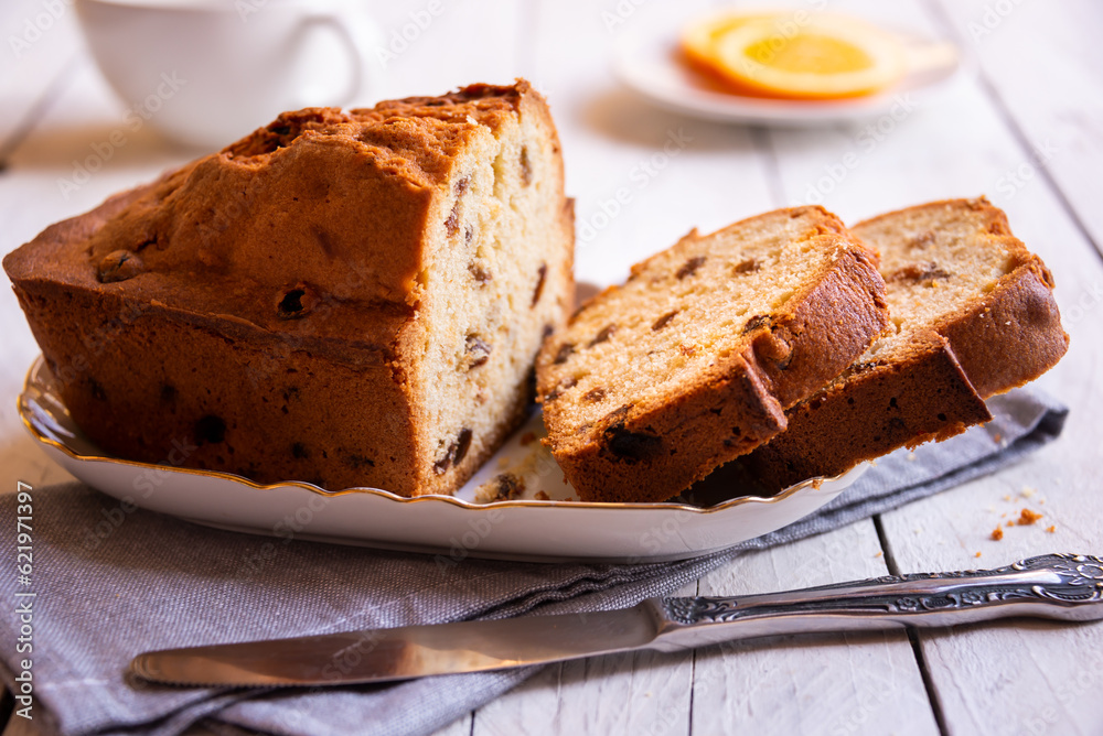 Sweet fruit cake with raisins, delicious baked dessert