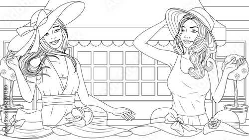 Vector illustration, beautiful girls try on fashionable hats, book coloring.