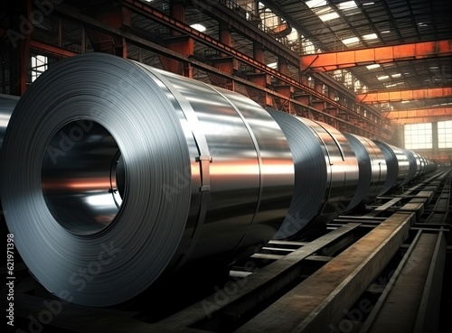 Rolls of galvanized steel sheet inside the factory or warehouse. Created with Generative AI technology.