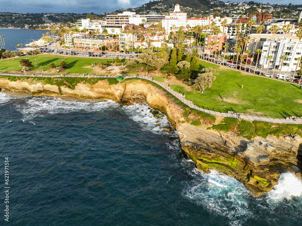 La Jolla, San Diego, California, from a UAV Aerial Drone looking at Park along the Cliffs with people enjoying the day with a Beautiful Shoreline View
