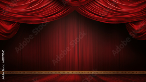 Classic banner with red theater curtains. Award ceremony background. Modern dark wallpaper, postcard. Generative AI