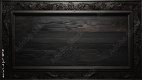  Empty classic wooden black banner. Old postcard with ornament border. Retro vintage style. Background with copy space. Generative AI
