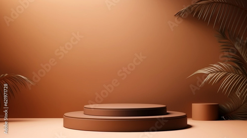Brown organic podium or stage for cosmetic product presentation. Tropical leafs background. Copy space. Generative AI