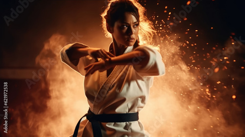 Martial Arts Mastery in Flames. Woman Demonstrates Martial Arts Skills in White Kimono Amidst Flames