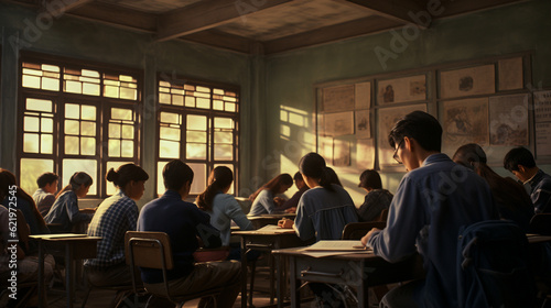 A classroom full of students working hard