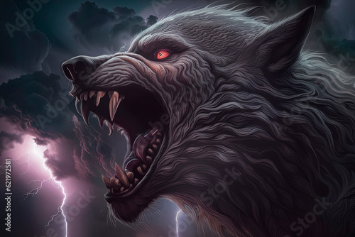 Werewolf during night thunderstorm