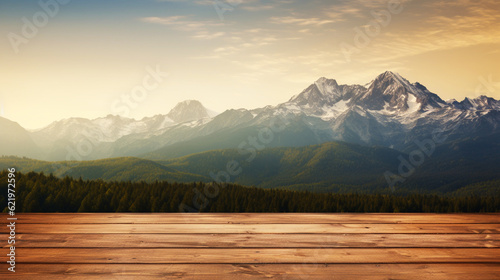 Empty wooden board or table background with copy space. Mountains view. Generative AI