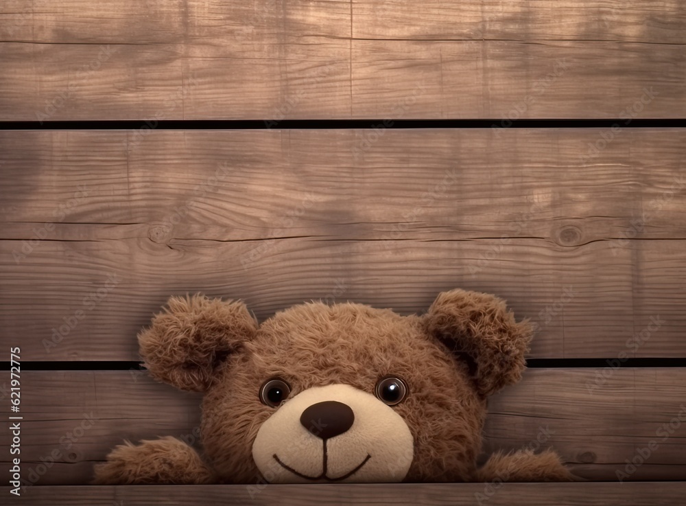 Brown cute teddy bear sneaked behind the old wooden door isolated on white background. Copy space for text and content. Created with Generative AI technology. Brown cute teddy bear sneaked behind the old wooden door isolated on white background. Copy space for text and content. Created with Generative AI technology.