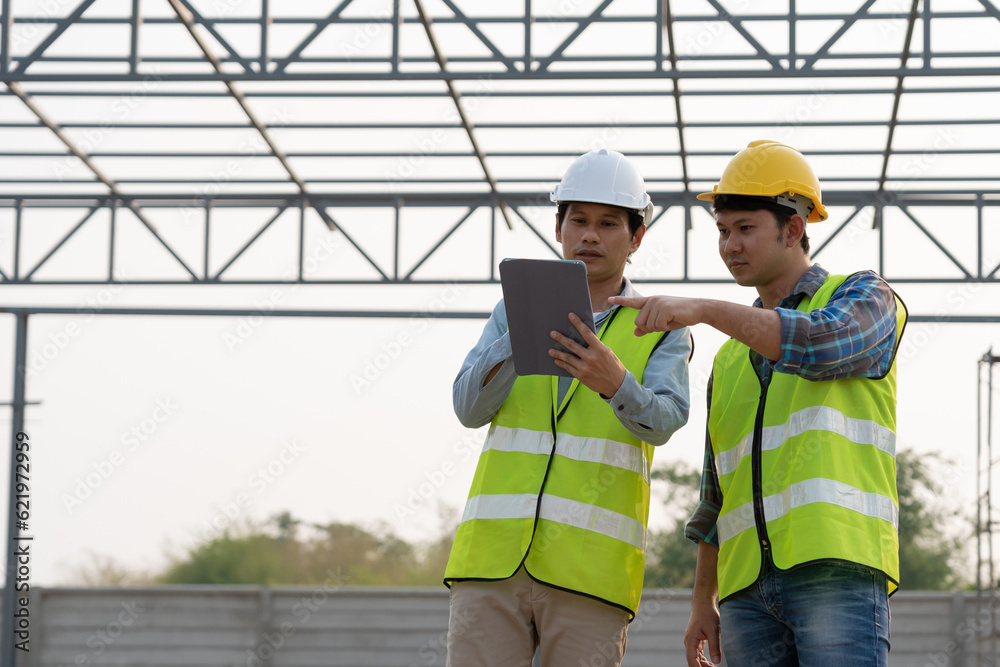 Engineers team use tablet and check the blueprint on site. Contractor and inspector inspection construction during project.civil Forman check quality assurance. Audit, inspect, quality control. Engineers team use tablet and check the blueprint on site. Contractor and inspector inspection construction during project.civil Forman check quality assurance. Audit, inspect, quality control.