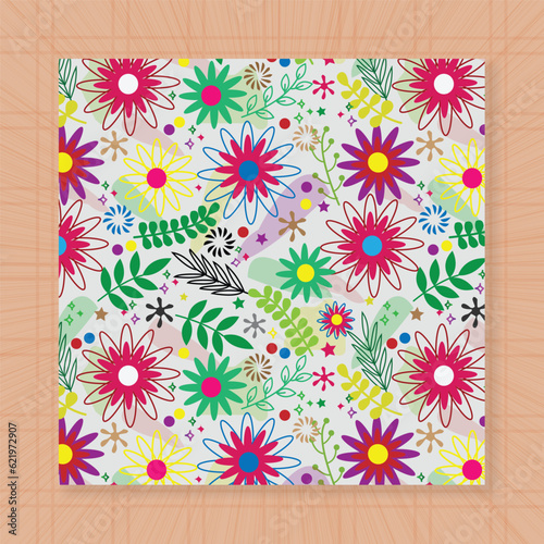 Pattern Design With Colorful Flowers and Leaves .
