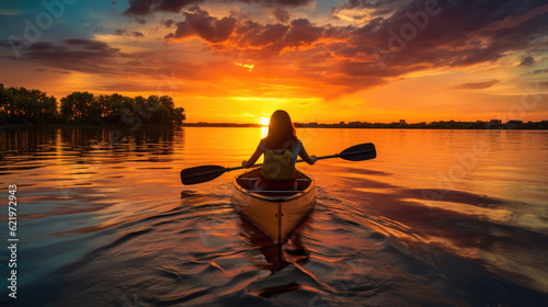 Adventurous woman enjoying a kayak ride, captured from behind, gliding through the serene waters. AI generated © Valeriia