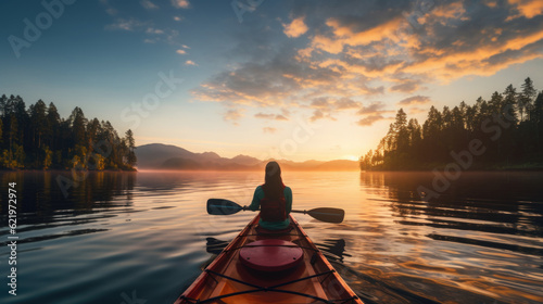 Serene kayak journey for a woman, finding solace and relaxation on the open waters. AI generated