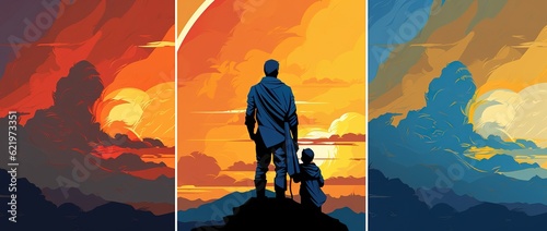 Father and son at sunset. The concept of a friendly family and summer holidays.