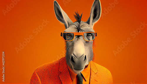 Stylish portrait of dressed up imposing anthropomorphic handsome fox wearing glasses and suit on vibrant orange background with copy space. Funny pop art illustration Ai generated image