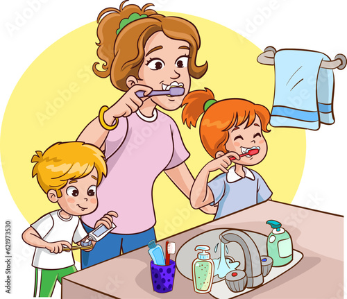 family brushing teeth vector illustration