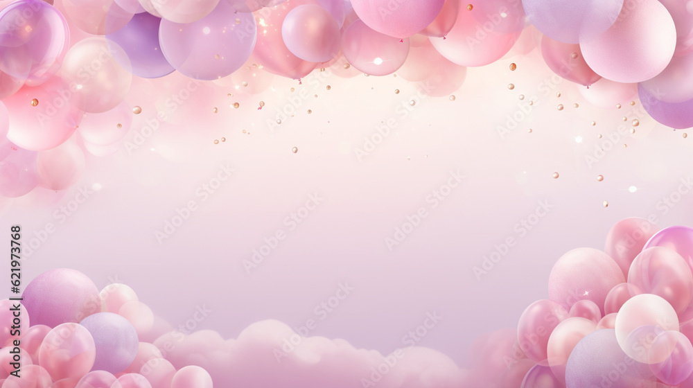 Festive banner with air balloons on isolated pink background. Frame, border, postcard, birthday card.  Copy space. Generative AI