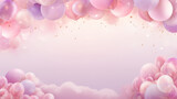 Festive banner with air balloons on isolated pink background. Frame, border, postcard, birthday card.  Copy space. Generative AI