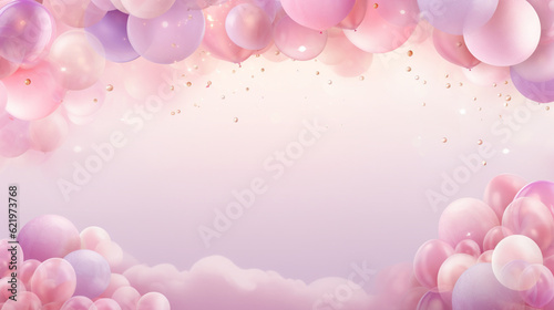 Festive banner with air balloons on isolated pink background. Frame, border, postcard, birthday card. Copy space. Generative AI