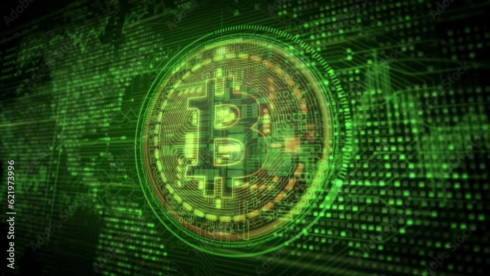 Bitcoin logo on the tecnological background of the world map. Forex market. Growth and collapse of bitcoin. Beautiful intro