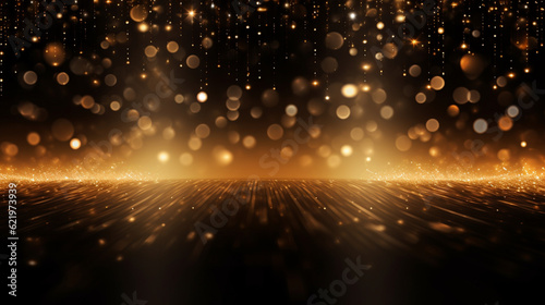 Empty gold festive stage with light beams and shines glow, empty room at night background with copy space for award ceremony, jubilee or product presentations. Generative AI 