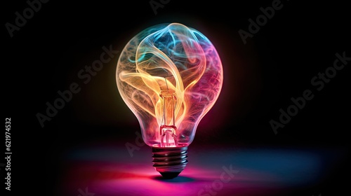 A macro photograph capturing the intense neon glow of a single light bulb's filament, evoking a sense of brilliance and inspiration.