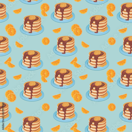 Pancakes seamless pattern. Breakfast bakery concept poster and social banner post design illustration.