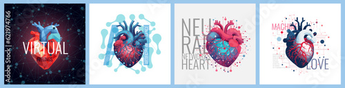 Abstract Neural Networks heart square banner design concept set. Artworks Artificial Intelligence love. Virtual Robot digital feelings poster collection. Mind machine learning vector eps prints