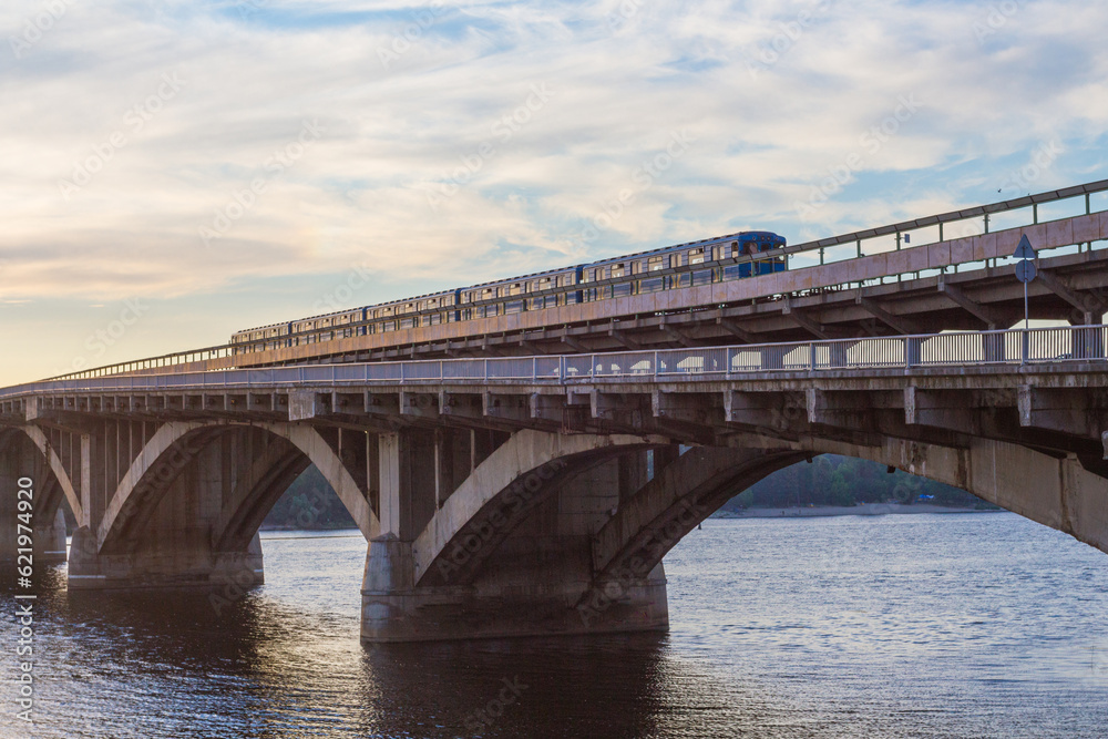View of the Metro Bridge in the city of Kyiv at dawn. Ukraine