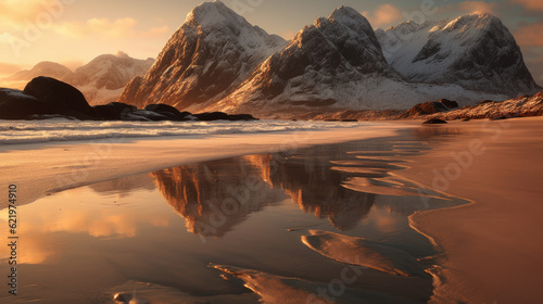 sunset at the sea with mountains in the background like in norway. Generative AI