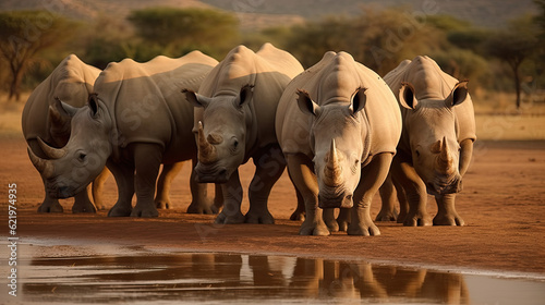Fényképezés several rhinos are standing at a water source in africa