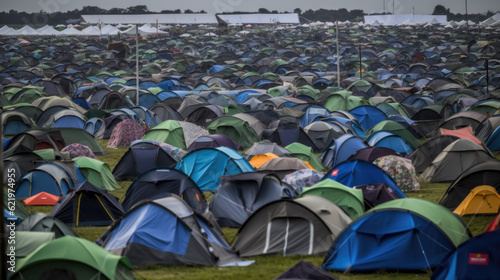 a large tent city on a site at a music festival. Generative AI