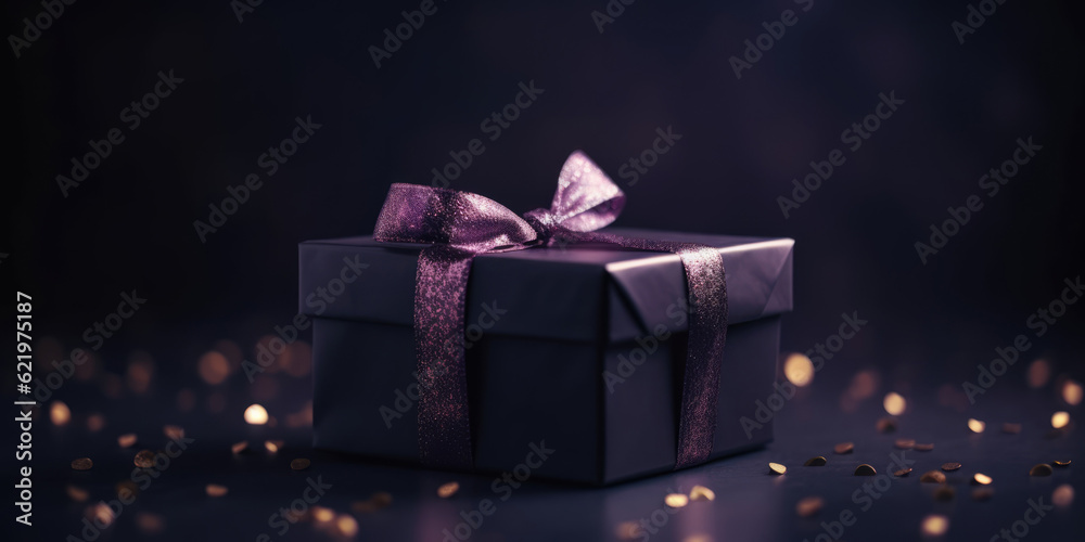 Purple gift box with violet ribbon and bow. Elegant present box on a dark violet background, copy space. Background for greeting card for Birthday, Christmas, New Year, XMas, Anniversary Purple gift box with violet ribbon and bow. Elegant present box on a dark violet background, copy space. Background for greeting card for Birthday, Christmas, New Year, XMas, Anniversary