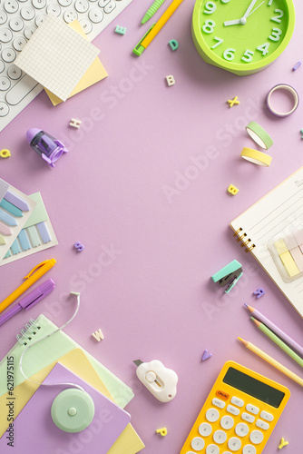 Step into world of distant studying from home with this captivating top-down vertical view, presenting keyboard, planner and office supplies on pastel purple background. Room for text or advertisement