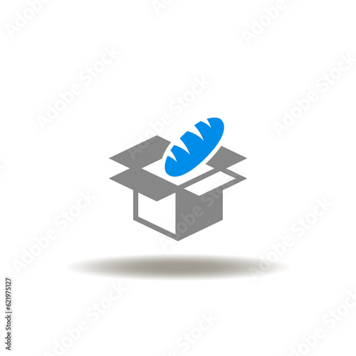 Vector illustration of open box with bread. Icon of food sharing. Symbol of give a meal. Sign of food packaging.