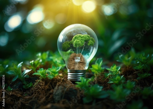 Green World Map On The Light Bulb With Green Background, Renewable Energy Environmental Protection, Renewable, Sustainable Energy Sources. Created with Generative AI technology.