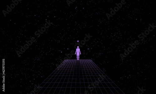 Fototapeta Naklejka Na Ścianę i Meble -  Self searching mental psychologic concept with abstract human silhouette walking through the retro digital grid surface in search of the unknown. Vector vaporwave Synthwave wireframe net illustration