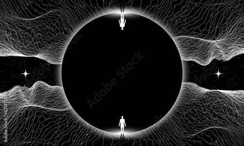 Human being or individuality or personality psychologic concept with abstract human body silhouette surrounded golden rays on black background. Synthwave wireframe net illustration. Abstract digital
